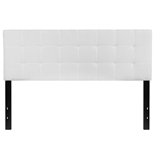 Quilted Tufted Upholstered Queen Size Headboard in White Fabric