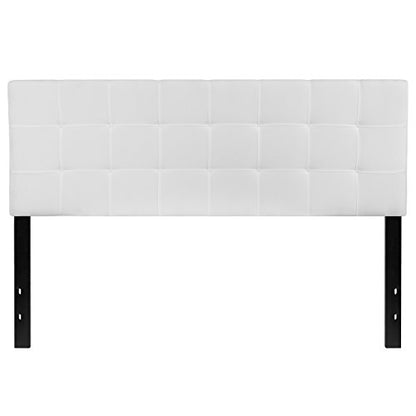 Quilted Tufted Upholstered Queen Size Headboard in White Fabric