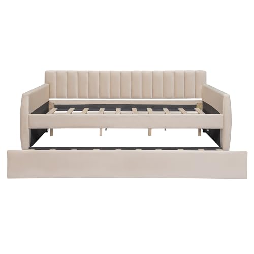 Full Size Daybed with Trundle, Upholstered Day Bed Frame Velvet Sofa Beds with Vertical Channel Tufted Headboard for Living Room, Bedroom, Beige