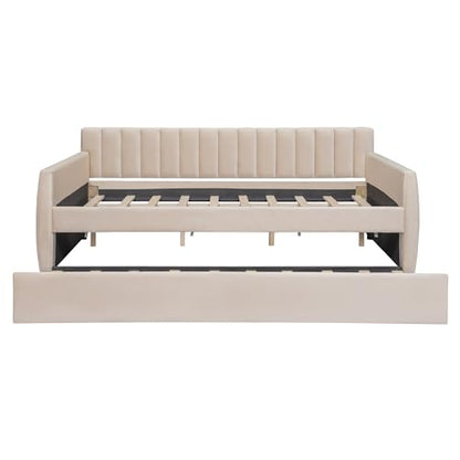 Full Size Daybed with Trundle, Upholstered Day Bed Frame Velvet Sofa Beds with Vertical Channel Tufted Headboard for Living Room, Bedroom, Beige