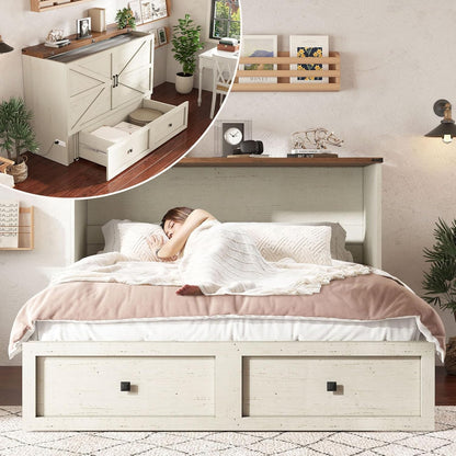 Queen Murphy Bed with Storage & Charging Station, Farmhouse Murphy Cabinet with Foldable Panel, Noisy Free, for Guest Bedroom, Living Room, Office, Distressed White