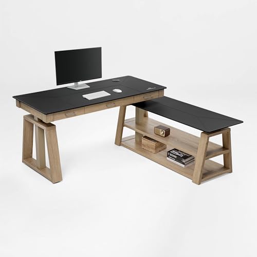 L Shaped Standing Desk Ark EX, 60in Executive Adjustable Height Office Desk with Drawers,Computer Desk with Storage, Modern Executive Home Office,Oak Grey