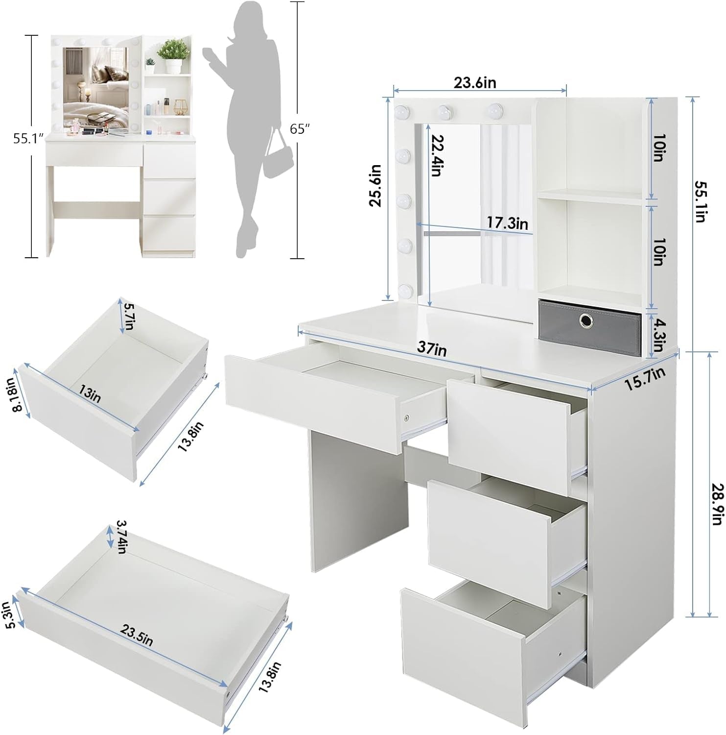Makeup Vanity with Lights, 37Inch Vanity Desk, 4 Large Drawers Dresser with Lighted Mirror, 3 Lighting Modes Brightness Adjustable, White