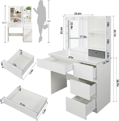 Makeup Vanity with Lights, 37Inch Vanity Desk, 4 Large Drawers Dresser with Lighted Mirror, 3 Lighting Modes Brightness Adjustable, White