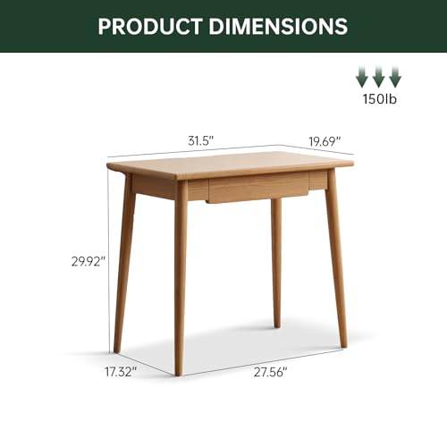 100% Solid Oak Wooden Desk Home Office Desk Mid Century Modern Writing Computer Desk with Drawer for Home Office 31"