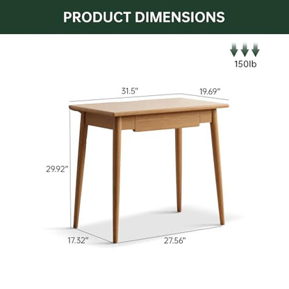 100% Solid Oak Wooden Desk Home Office Desk Mid Century Modern Writing Computer Desk with Drawer for Home Office 31"