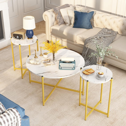 Coffee Table Set of 3,Modern Faux Marble Top with Golden Frame,1 Coffee Table & 2 Accent Table, Living Room Table Set, for Apartment,Office and so On,White & Gold (LCTR-W)