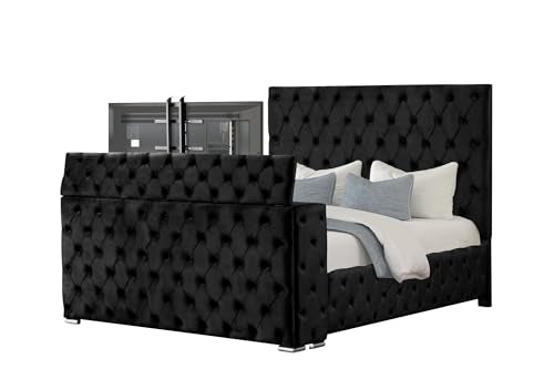 Velvet Platform Bed with Tufted Features, Fireplace & TV Stand, view 2
