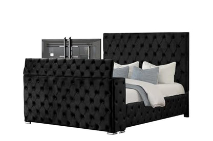 Velvet Platform Bed with Tufted Features, Fireplace & TV Stand, view 2