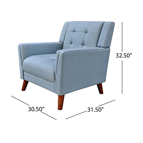 Alisa Mid Century Modern Fabric Arm Chair, Blue and Walnut