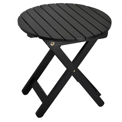 Outdoor Small Table, Round Folding Wooden Patio Side Table Furniture End Table for Adirondack Chair, Balcony, Porch, No Assembly Required, Black