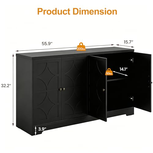 Sideboard Buffet Cabinet with Storage, 56" Modern Sideboard with 4 Carved Doors, view 3