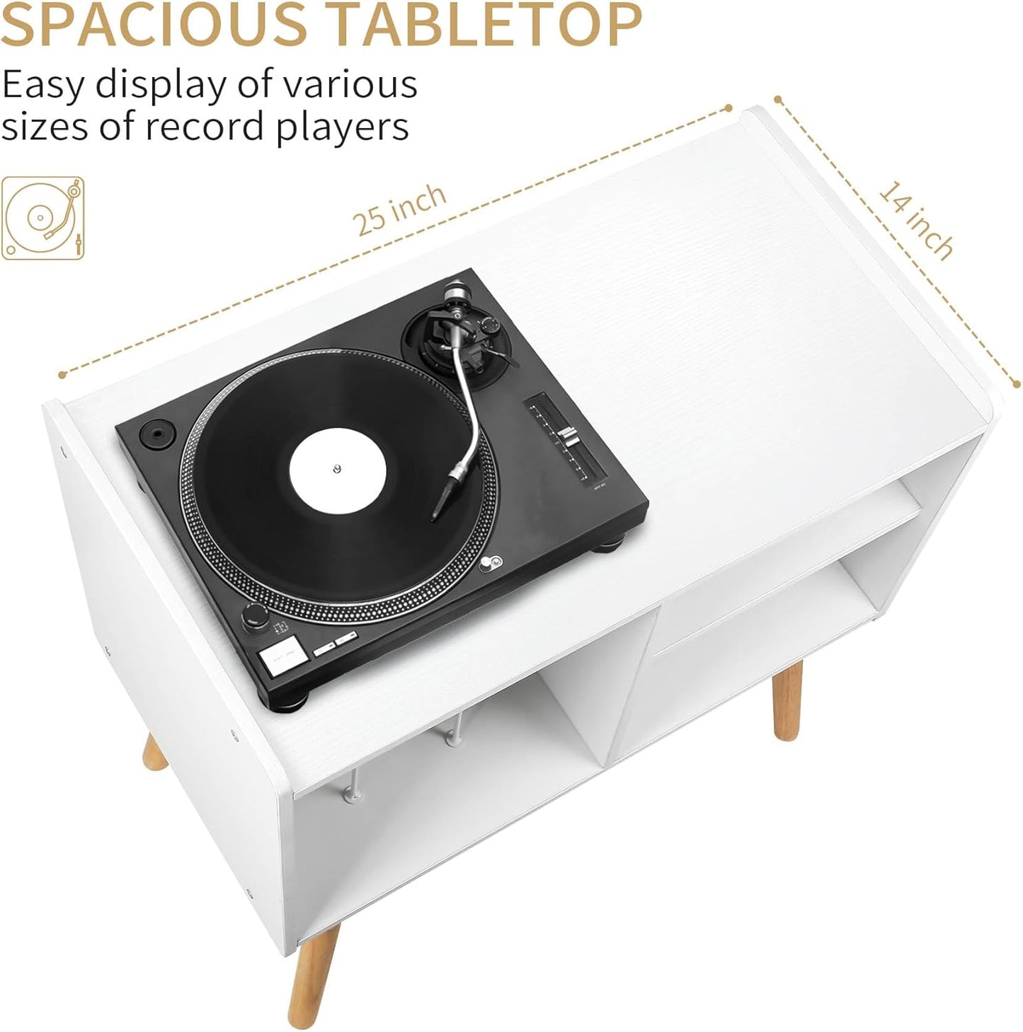 Mid-Century Record Player Stand, Vinyl Record Cabinet Holder with Storage up to 100 Albums, Record Player Table for Living Room Bedroom Office, Turntable Stand with Wood Legs, White