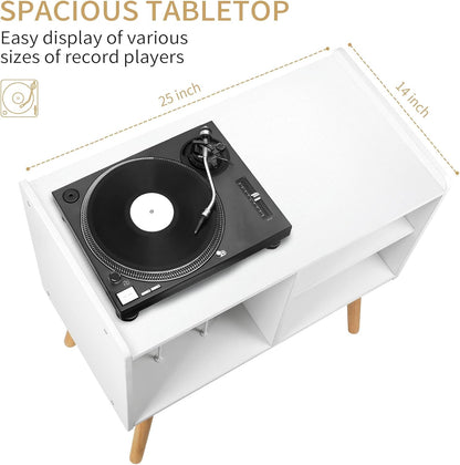 Mid-Century Record Player Stand, Vinyl Record Cabinet Holder with Storage up to 100 Albums, Record Player Table for Living Room Bedroom Office, Turntable Stand with Wood Legs, White