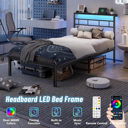 Twin Bed Frames with Built-In Charging Station and LED Light, Metal Platform Bed with Headboard and Storage Shelf, Noise-Free, No Box Spring Needed, Black