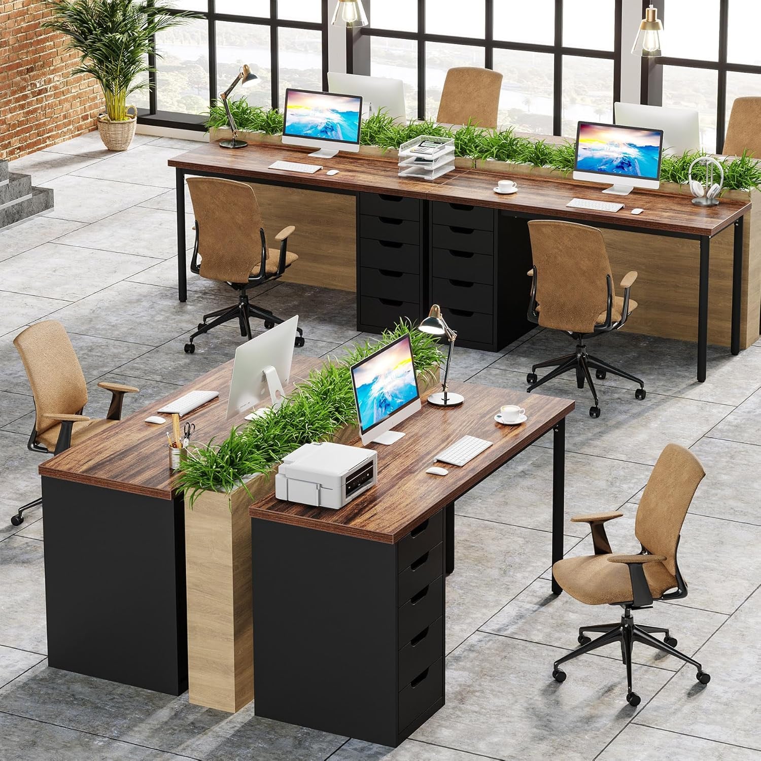 Computer Desk with 5 Drawers, 47 Inches Rustic Brown Home Office Desk with Storage, Modern Simple Laptop Desk Study Writing Table for Small Spaces (1, Brown+Black)