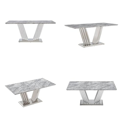Marble Dining Table for 6 People, 70'' Rectangle Faux Marble Dining Table with Mirrored Stainless Steel Base, Large Size Marble Kitchen Table (Silver,Grey)(only Table)