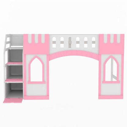 Twin Low Loft Bed with Staircase, Wood Princess Girls Bed Frame with Storage for Boys, Girls, Gray,Pink