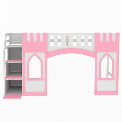 Wood Loft Bed Frame with Storage Stairs, Low Loft Bed with Window and Under-Bed Storage Space for Kids Boys Girls, Box Spring Not Required, Pink(Twin Size)