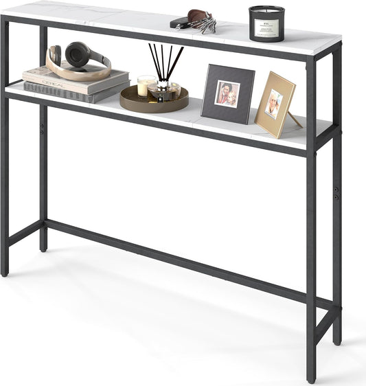 Console Table, 2-Tier Narrow Sofa Table with 2 Shelves, 7.9 X 39.4 X 31.5 Inches, for Living Room, Hallway, Entryway, Marble White and Ink Black ULNT131W59V1