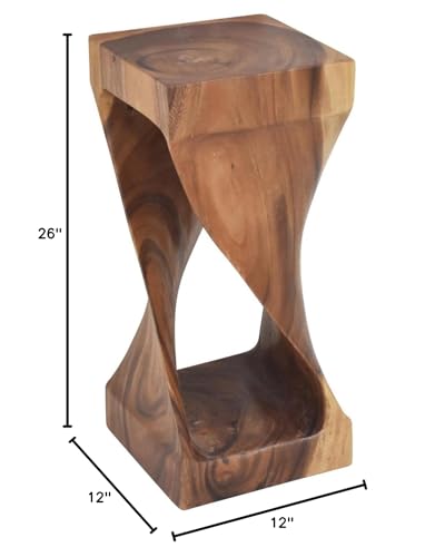 Brown acacia solid wood carved accent side table, view 4