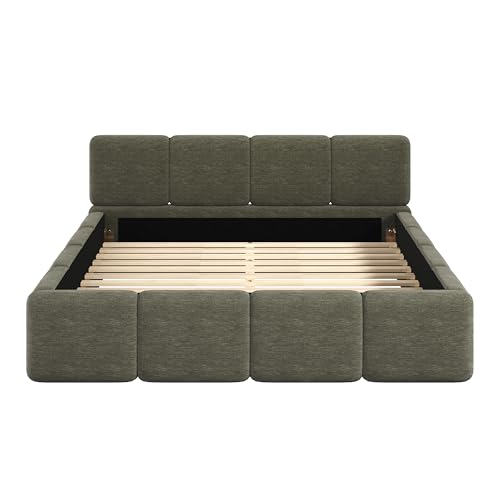 Queen Linen Blend Platform Bed, Thick Headboard and Footboard, Green, view 7