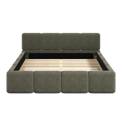 Queen Linen Blend Platform Bed, Thick Headboard and Footboard, Green, view 7