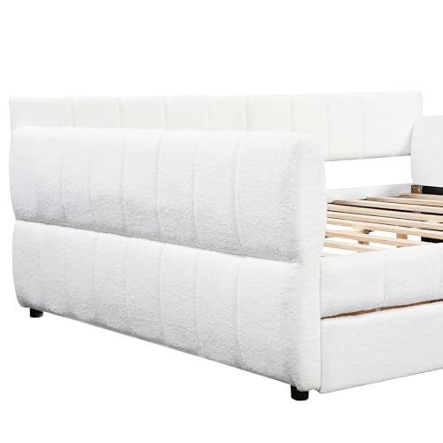 Queen Size Upholstered Daybed Sofa Bed with 2 Drawers, Lambswool Upholstered Platform Bed with USB for Bedroom Living Room Guest Room (White-@045)