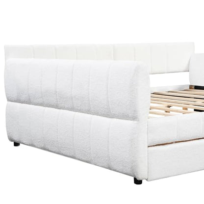 Queen Size Upholstered Daybed Sofa Bed with 2 Drawers, Lambswool Upholstered Platform Bed with USB for Bedroom Living Room Guest Room (White-@045)