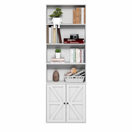 Farmhouse 6-Tier Book Shelf with Doors, Bookshelf, White, view 6