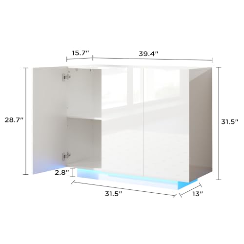 Modern 39.4" High Gloss Buffet Cabinet with LED Lights, White, view 3