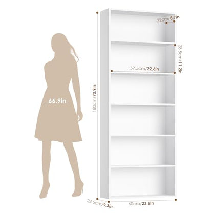 6-Tier Open Bookcase and Bookshelf, Freestanding Display Storage Shelves Tall Bookcase for Bedroom, Living Room and Office, White