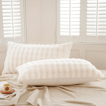 Set of 2 Faux Fur Pillowcases, Luxury Bubble Waffle Carved Plush King Size Pillow Shams Soft and Furry, Zipper Closure (Beige, 20"X36")