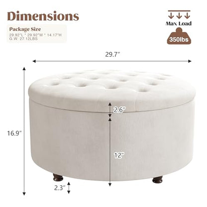 30 Inch Round Storage Ottoman,Modern Tufted Ottomans,Circular Coffee Table with Removable Top,Upholstered Large Ottoman with Storage Footrest Stool for Bedroom Living Room (White)