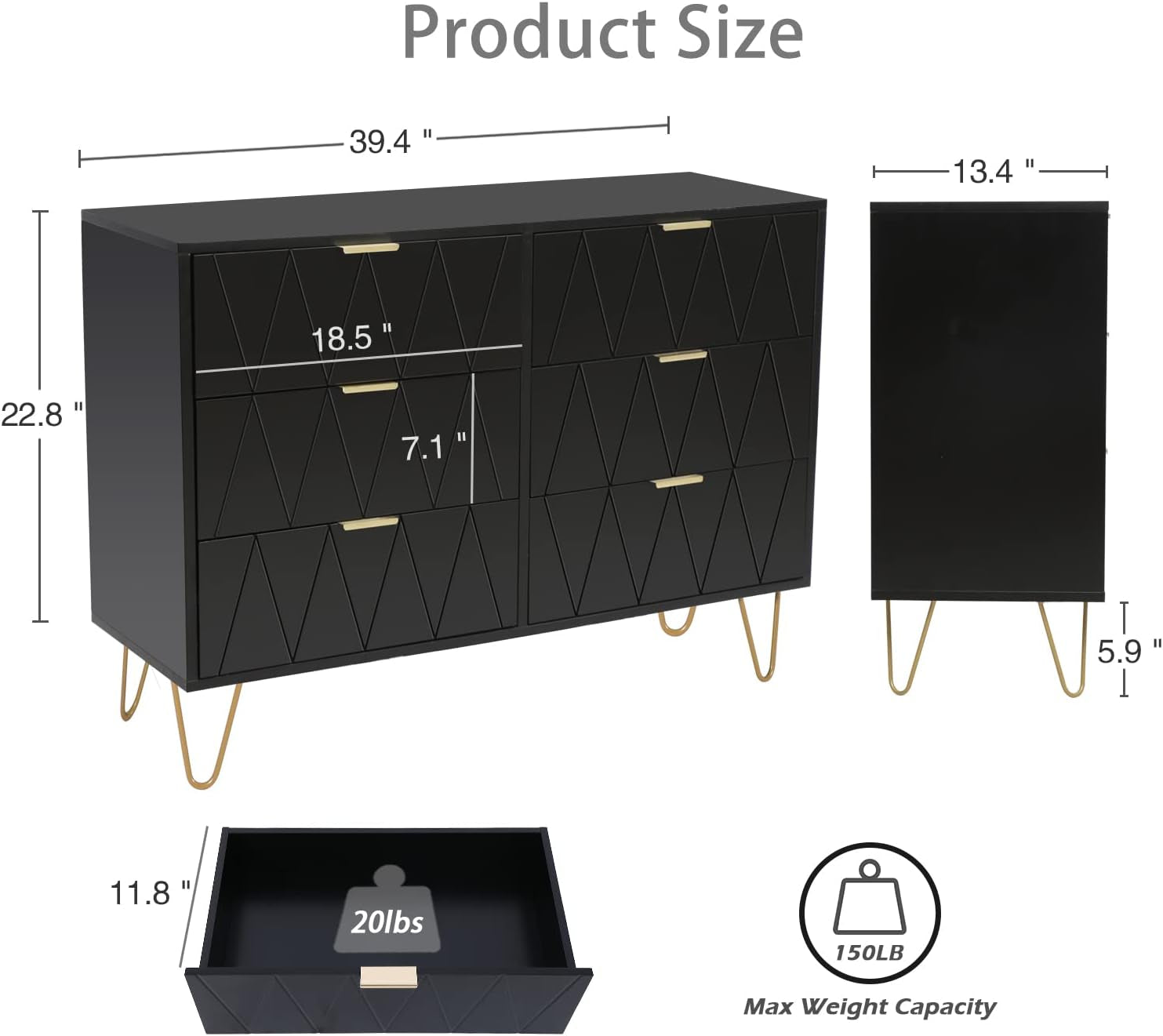 3 Pcs Bedroom Set, 6 Drawer Dresser and 2 Nightstand Sets for Bedroom, Night Stand Set of 2 & 6 Drawer Dresser with Gold Handle, Modern Set (Black)