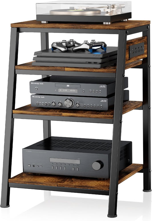 4-Tier AV Media Stand - Stereo Cabinet, Audio Rack with Side Power Strip and 2 Adjustable Shelves, Record Player & Game Console Storage Unit, Entertainment Center Furniture, Brown (Small)