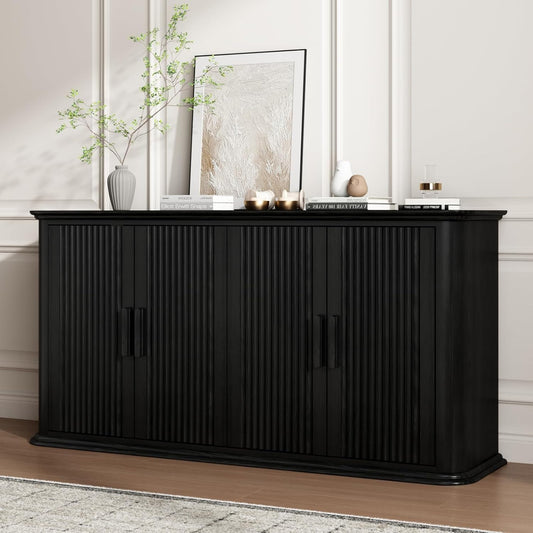 Fluted Sideboard Buffet Cabinet with Storage, 60" Modern Credenza with 4 Doors & Adjustable Shelves, Wood Coffee Bar Table for Living Room, Kitchen, Dining Room, Hallway, Black