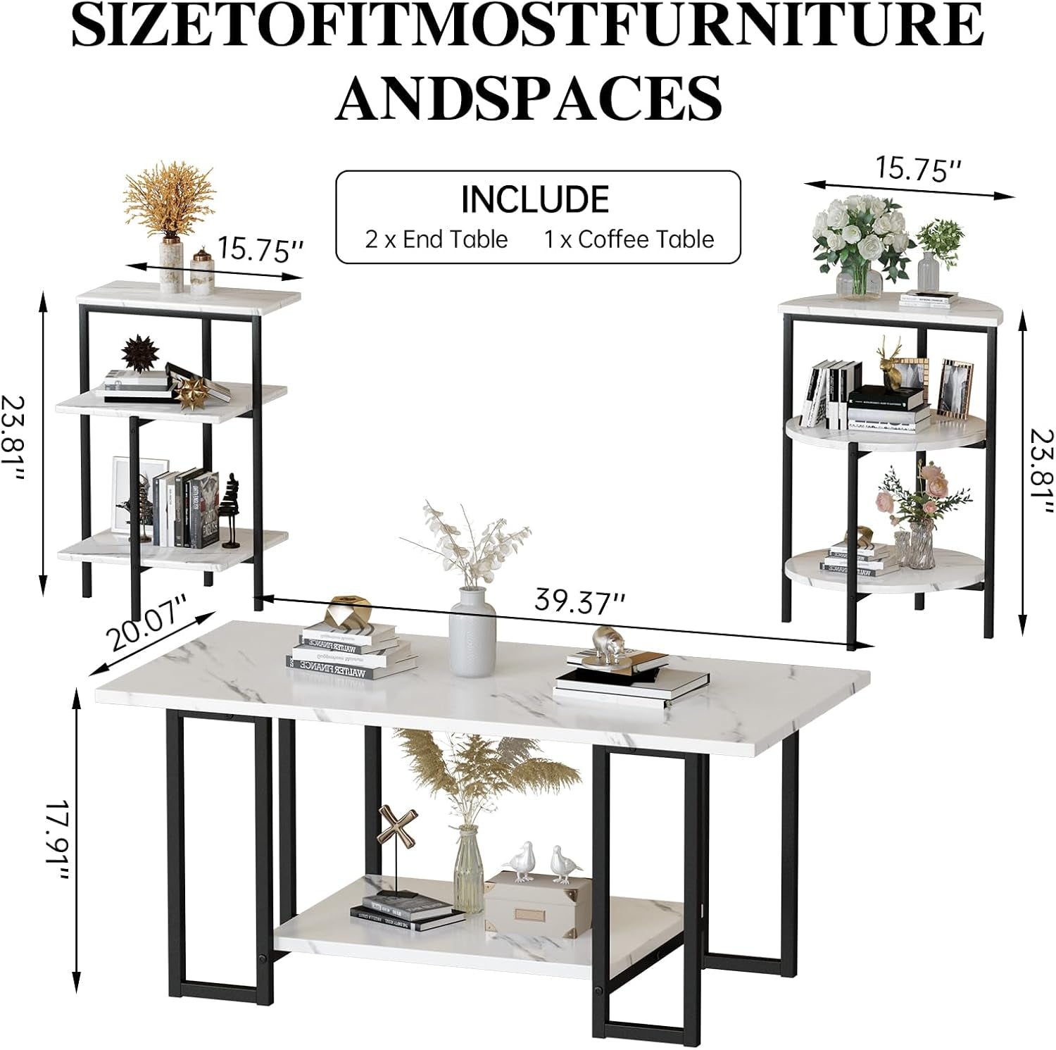 Faux Marble Table Set,Coffee Table & 2 Side Table, Faux Marble Tabletop and Metal Frame, 3 Piece Table Sets, for Living Room Apartment,White & Black