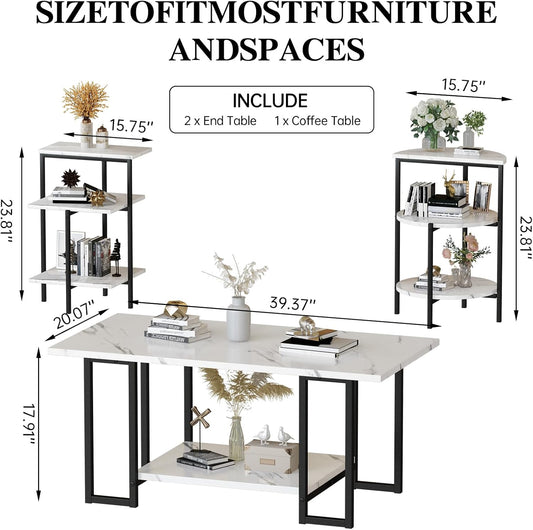 Faux Marble Table Set,Coffee Table & 2 Side Table, Faux Marble Tabletop and Metal Frame, 3 Piece Table Sets, for Living Room Apartment,White & Black