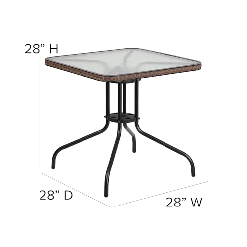 Barker 28'' Square Tempered Glass Metal Table with Dark Brown Rattan Edging