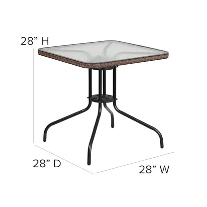 Barker 28'' Square Tempered Glass Metal Table with Dark Brown Rattan Edging