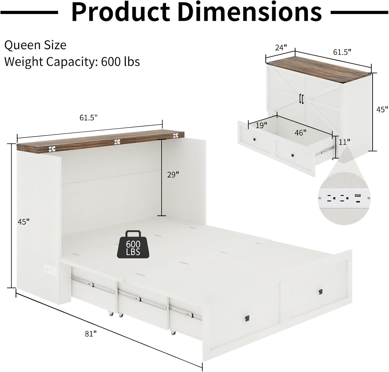Murphy Bed with Charging Station, Queen Size Cabinet Bed with Large Storage Drawer for Home Office or Small Room, Hideaway Full Foldable Platform Bed, White