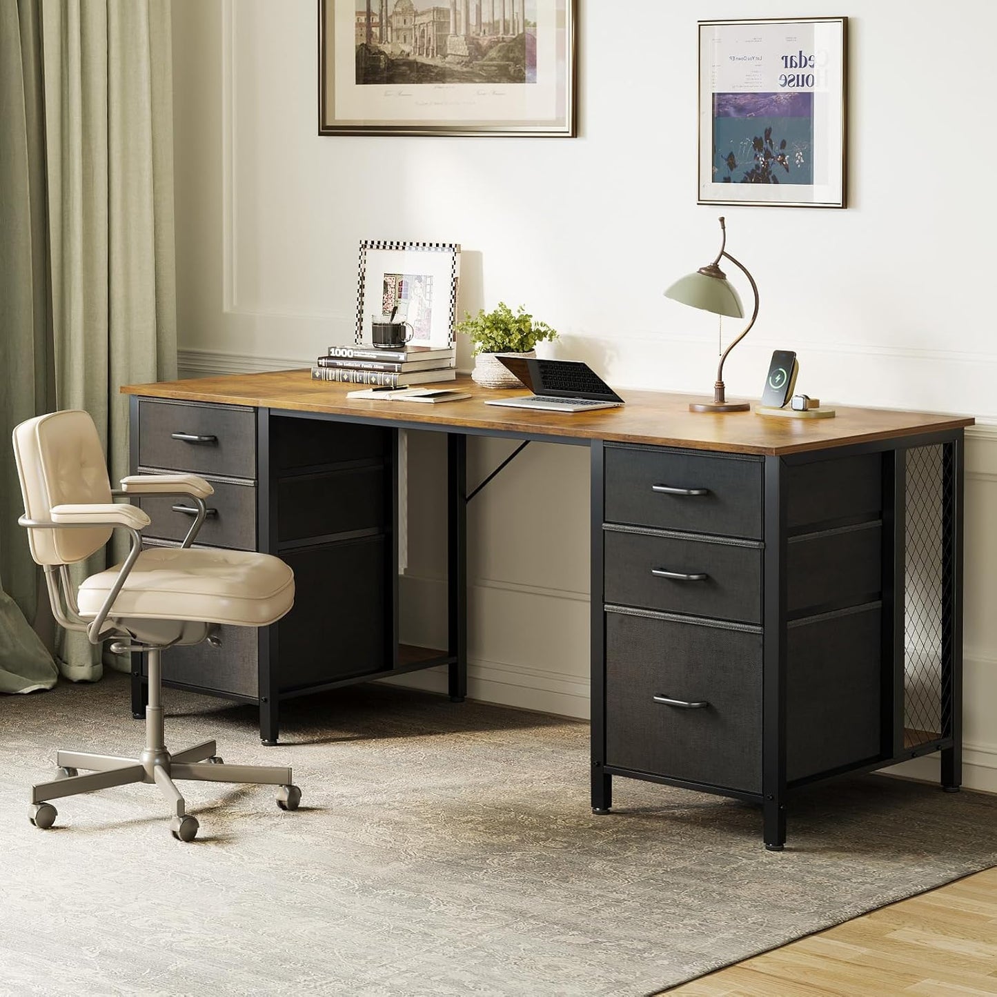 63 Inch Computer Desk with File Drawers Cabinet, Modern Office Desk with Large Storage for Home Office, Study, Gaming, Vintage