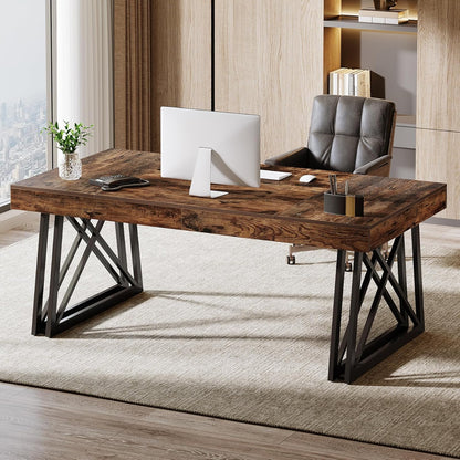 63-Inch Executive Desk, Farmhouse Office Computer Desk with Sturdy X-Shaped Legs, Large Writing Table Business Furniture Workstation for Home Office, Study (Rustic Brown & Black)