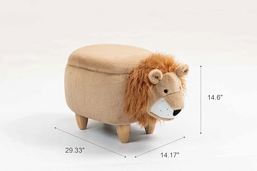 Lion Ottoman with Storage for Kids – Plush Animal Footstool for Nursery, Playroom, Living Room or Bedroom – Toy Organizer and Footrest – Cute Toddler Furniture with Wooden Legs