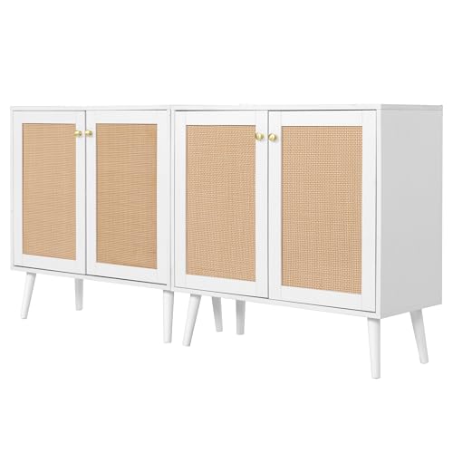Boho Accent Storage Cabinet with Rattan Doors, Wood Grain Sideboard Buffet with Adjustable Shelves for Kitchen, Dining Room, Hallway, Living Room, Entryway, Coffee Bar, White