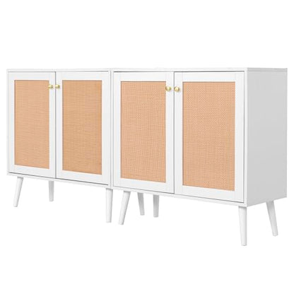 Boho Accent Storage Cabinet with Rattan Doors, Wood Grain Sideboard Buffet with Adjustable Shelves for Kitchen, Dining Room, Hallway, Living Room, Entryway, Coffee Bar, White