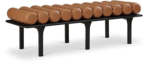Meridian Furniture 22008Cognac Landon Collection Art Deco Bench with Soft Vintage Cognac Vegan Leather and Solid Wood with Black Finish, 60.5" W x 19.5" D x 18.5" H, Cognac