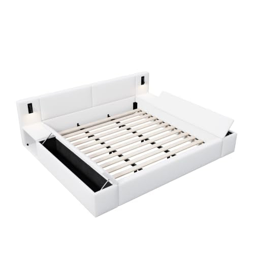 Queen Size Teddy Fleece Platform Bed, Hidden Storage & Built-In Nightstands