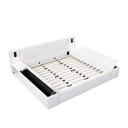 Queen Size Teddy Fleece Platform Bed, Hidden Storage & Built-In Nightstands